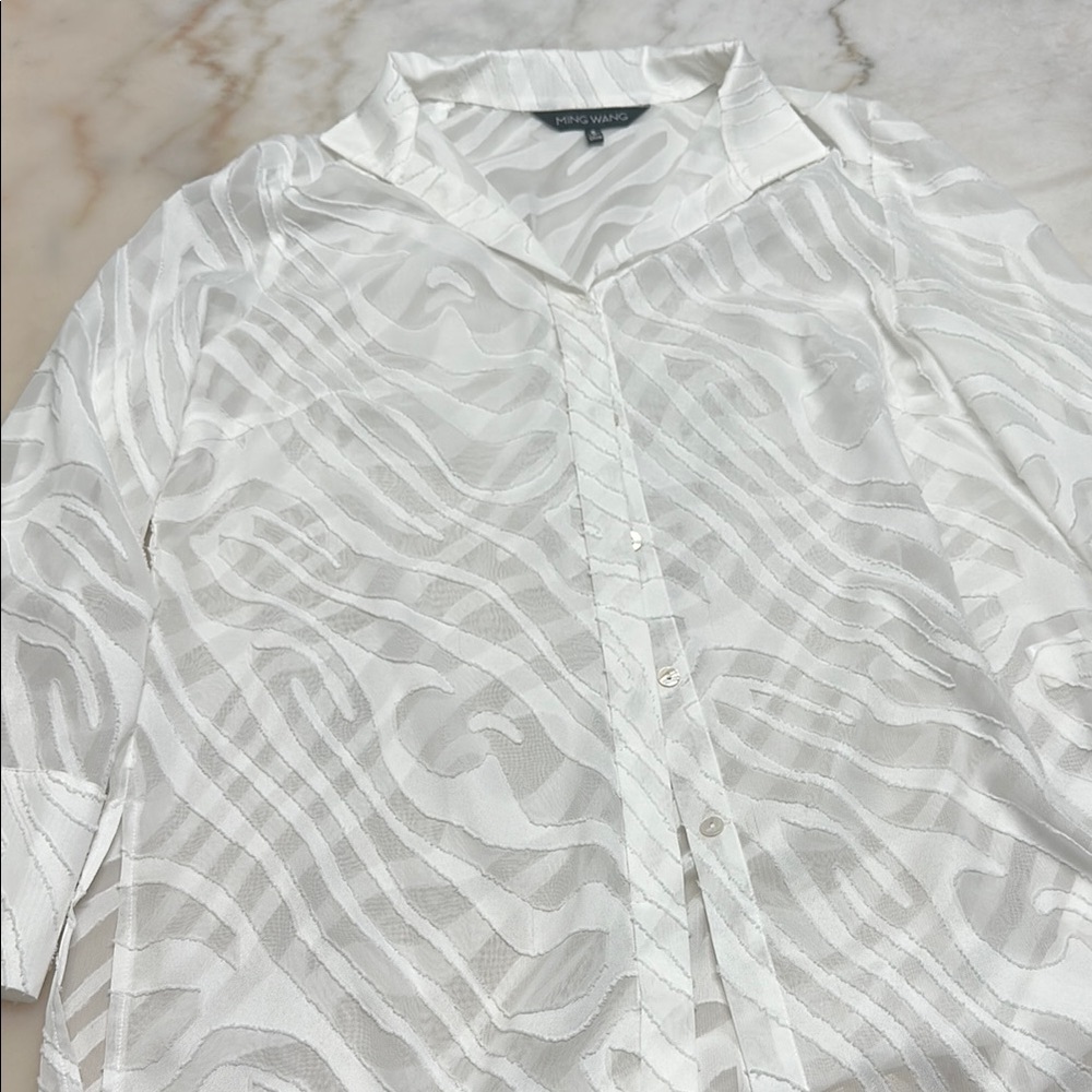 Ming Wang White Textured Casual Button Down Shirt